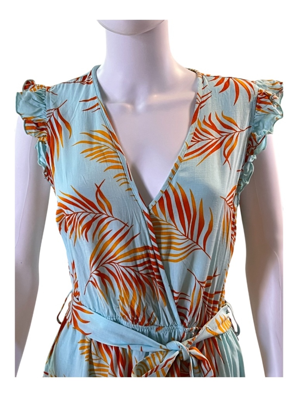 EUC Cupshe teal orange tropical leaf flutter sleeve romper | size M - Picture 2 of 9
